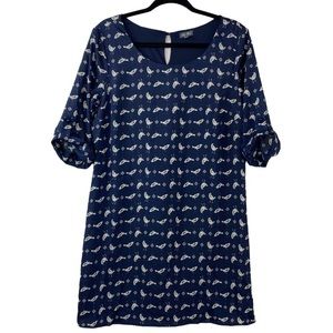 𝅺lily Rose Women’s Navy Bird Print Dress, Roll Tab Sleeves, Keyhole Back, Size L
